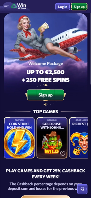 winairlines online casino mobile signup screen